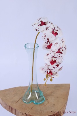 Yapay İri Kandilli Islak Dokuda Orkide Dalı 85 cm Beyaz Bordo Benekli - 4
