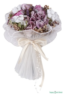 Yapay Gelin Buketi Çiçeği Zarif Tonlar Damat Yaka Çiçeği Hediyeli - 2