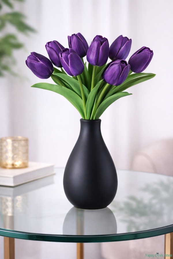 Yapay Gerçek Görünümlü 8li Islak Lale Demeti Mor - 1