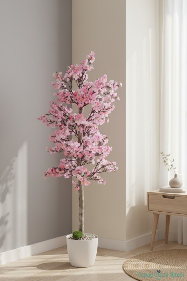 Yapay Mini Çiçekli Sakura Kayısı Ağacı 100 Cm Pembe - 4