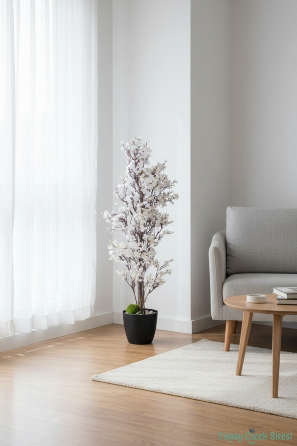 Yapay Mini Çiçekli Sakura Kayısı Ağacı 85 Cm Beyaz - 4