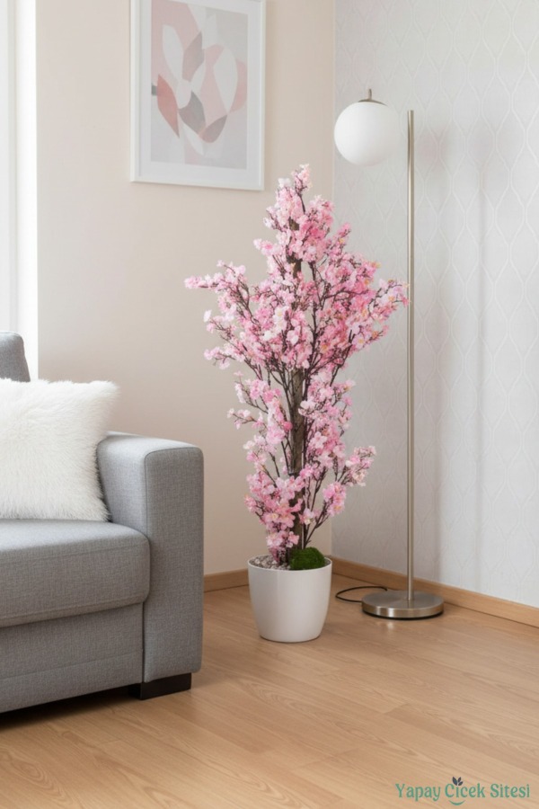 Yapay Mini Çiçekli Sakura Kayısı Ağacı 85 Cm Pembe - 4