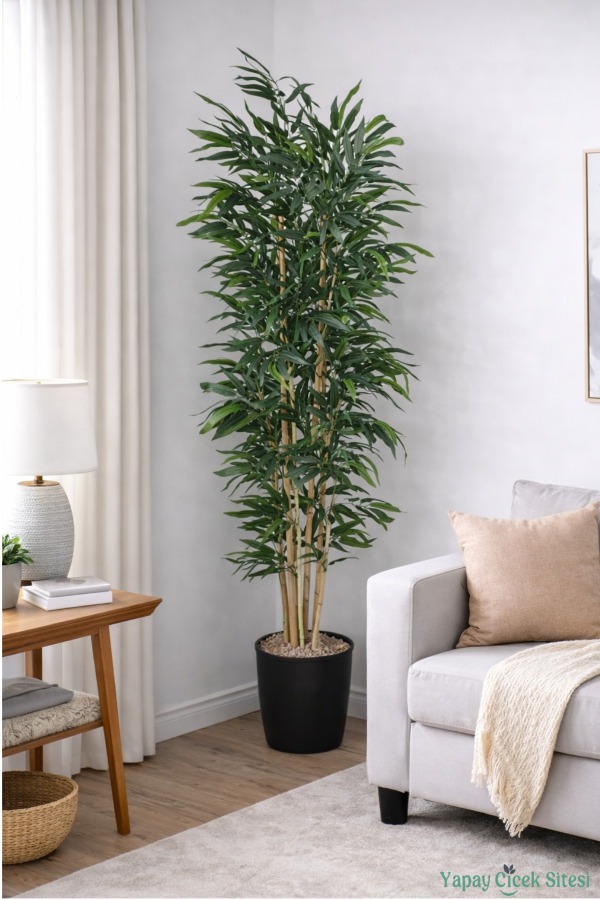 Yapay Premium Geniş Yapraklı Bambu Ağacı 170 cm (Siyah Saksılı) - 5