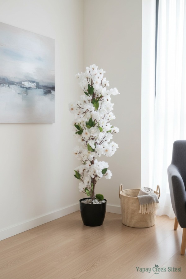 Yapay Sakura Bahar Dalı Ağacı 85 Cm Beyaz - 5