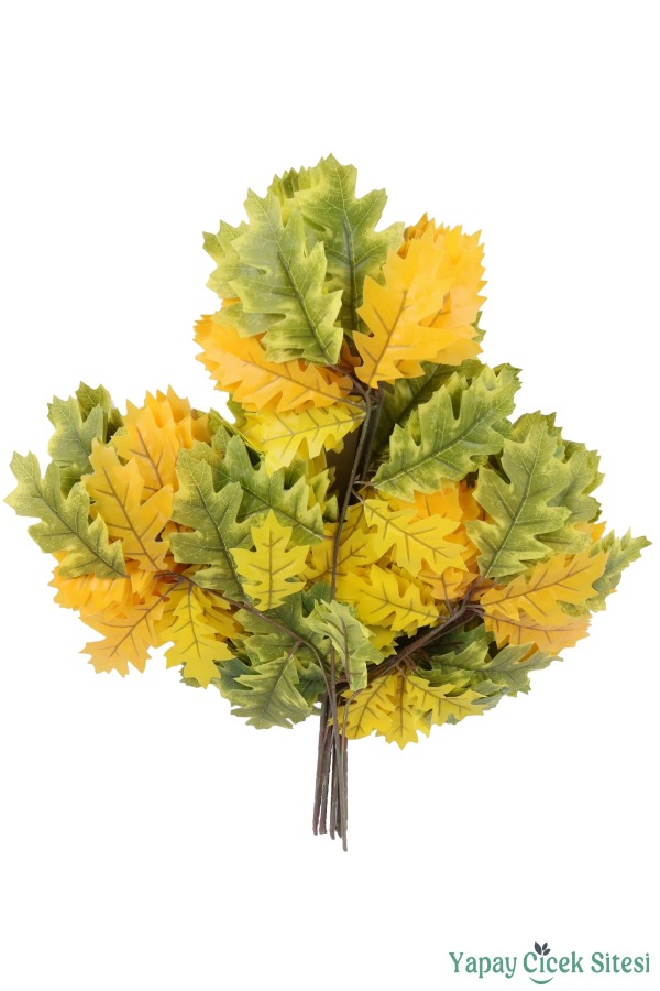 Yapay Sonbahar Meşe Ağacı Dalı 20 Yapraklı 65 Cm 12 Adet Yeşil-Sarı - 3