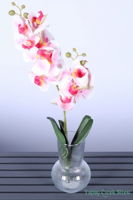 Yapay Yapraklı 2 Dal Islak Orkide Çiçeği Fuşya-Beyaz 55 Cm - Yapay Çiçek Sitesi