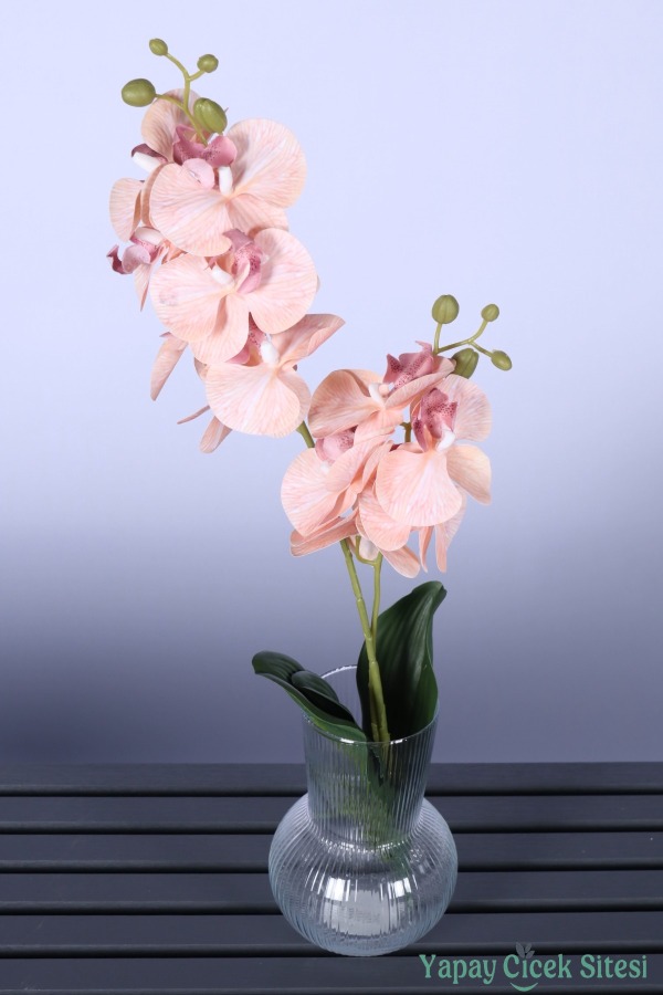 Yapay Yapraklı 2 Dal Islak Orkide Çiçeği Somon 55 Cm - 1